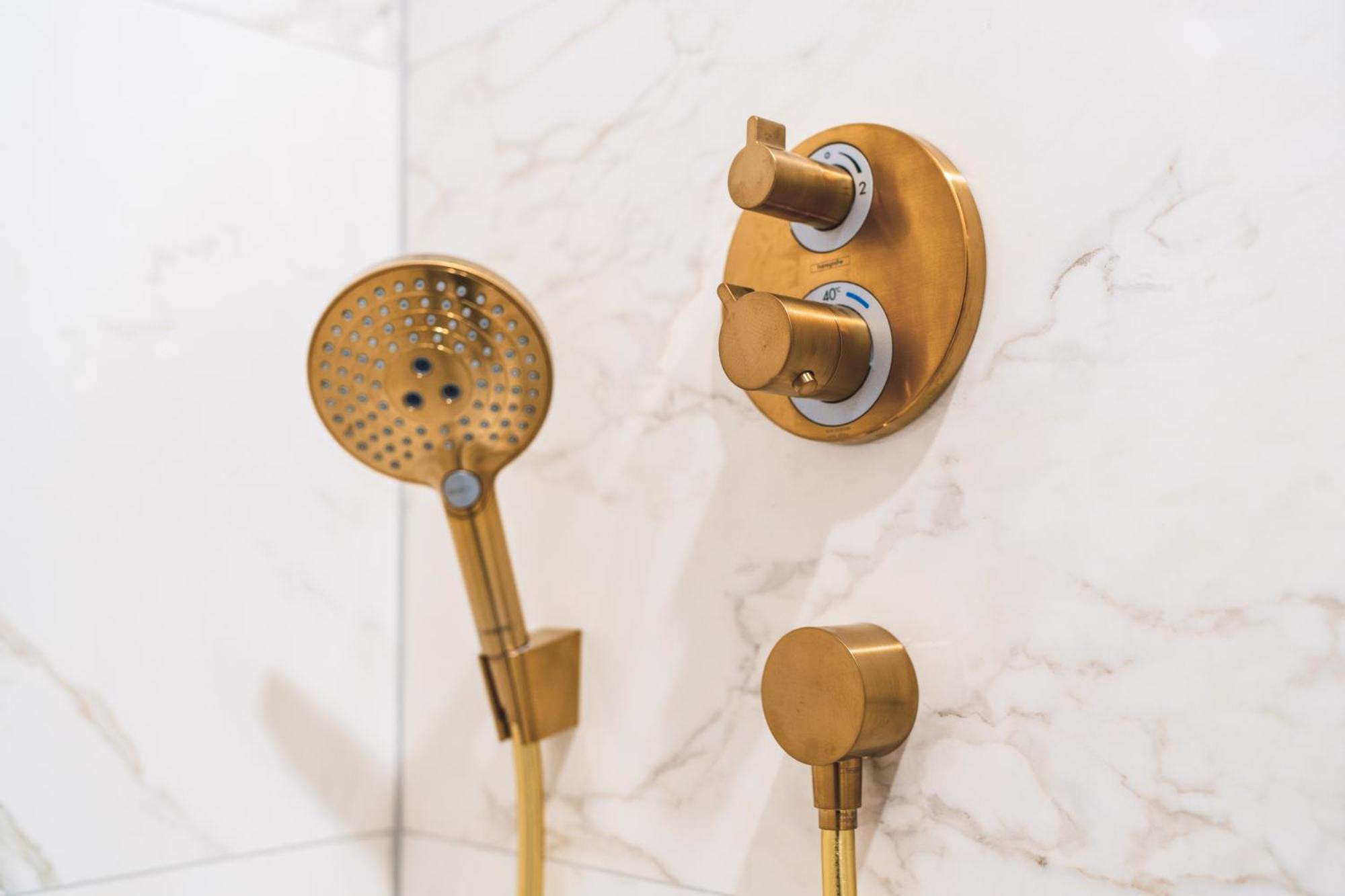 Hotel Suitess Δρέσδη Εξωτερικό φωτογραφία The photo shows a modern shower setup featuring a gold-toned faucet and showerhead. The showerhead has a round shape with small holes for water to flow through. To its right, there are two controls mounted on the wall: one for adjusting water tempera